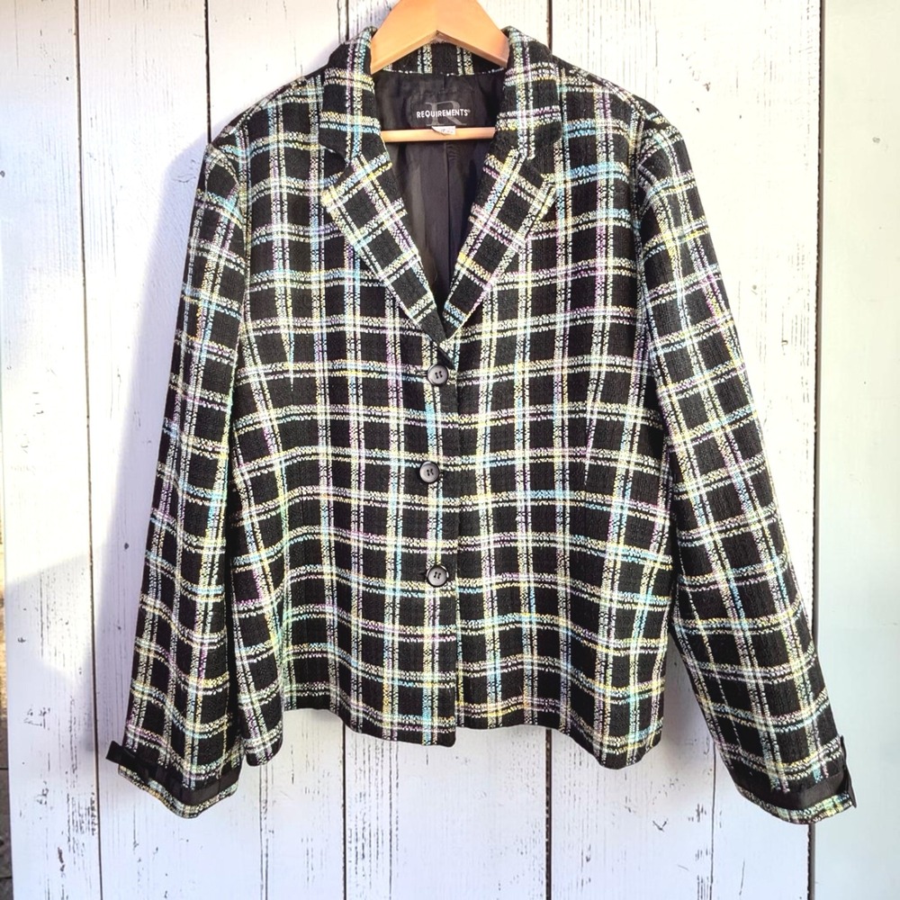 Vintage‎ Plaid Tweed Blazer 18 Boxy Black Multi Acrylic Dark Academia Clueless